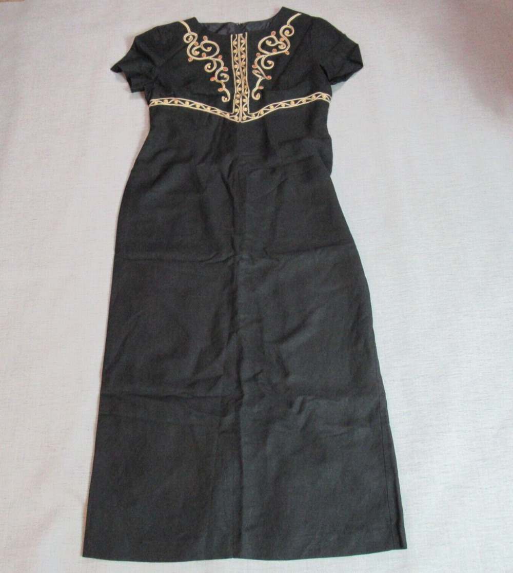 Vintage Positive Attitude Dress Women 10 Black Tan Embroidered Beaded Maxi Retro